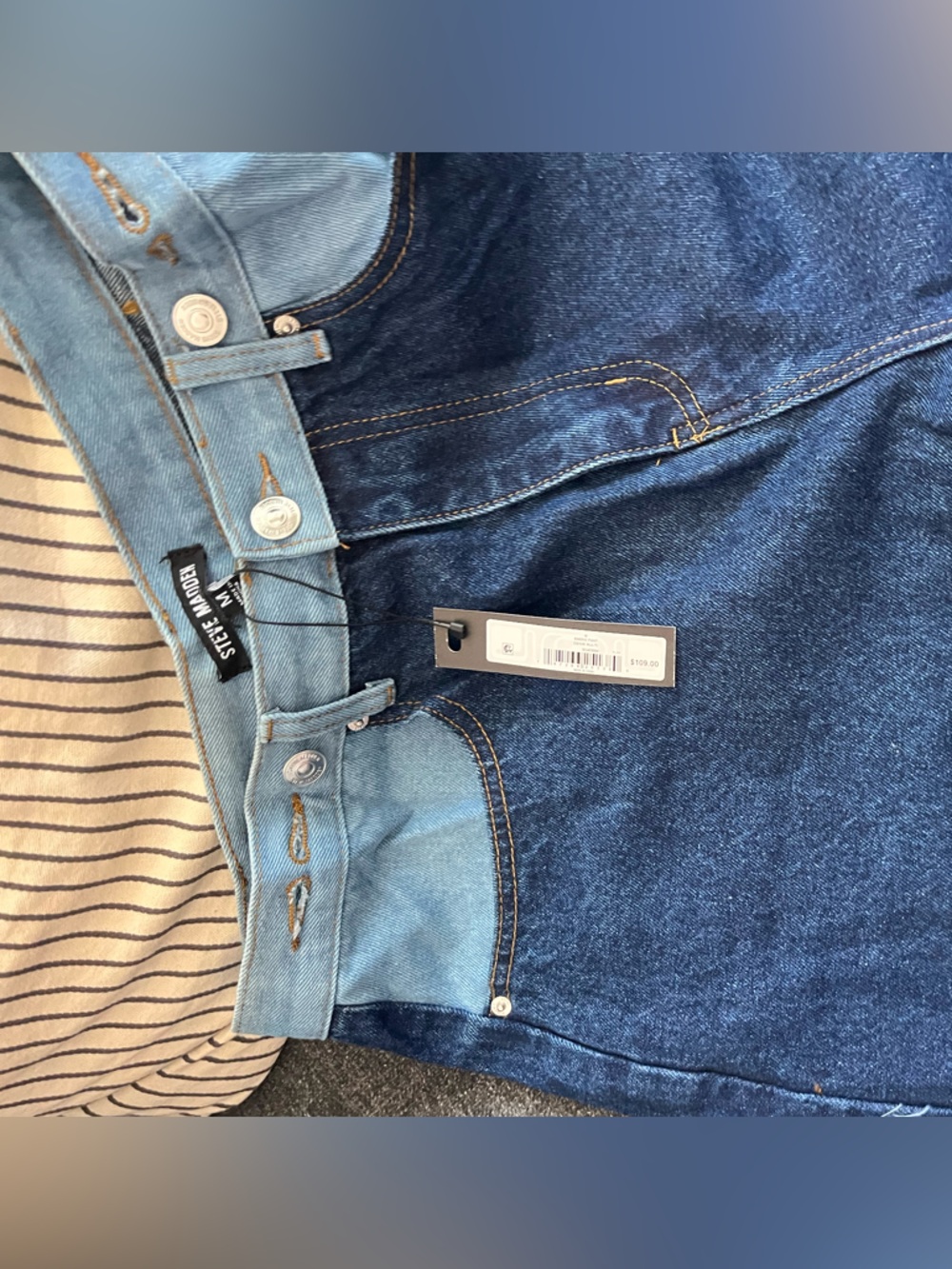 Steve Madden Contrast-Waist Denim Jeans in Dark and Light Blue